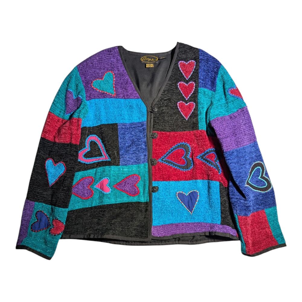 Vtg 1990s Alex Ku Blue Black Patchwork Chenille Heart Applique Lined Jacket Sz S